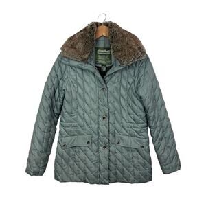 Eddie Bauer Quilted Goose Down Coat Size Small Removable Faux Fur Collar Seafoam